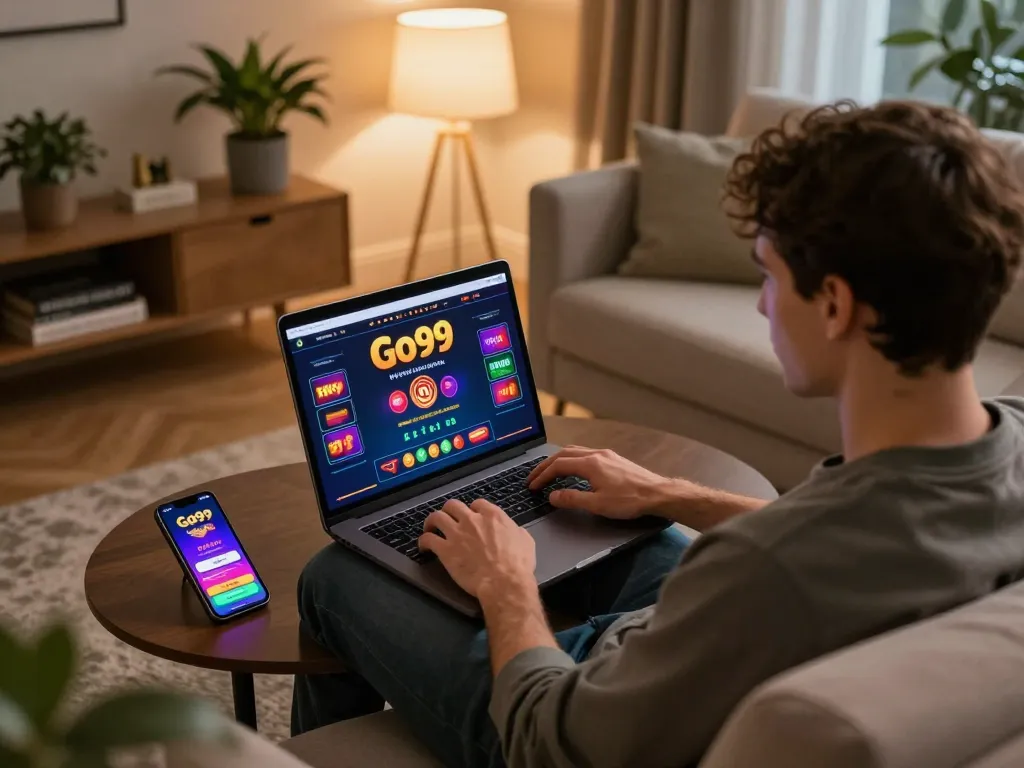 Player engaging with Go99 online casino interface at home, showcasing cozy gaming atmosphere.