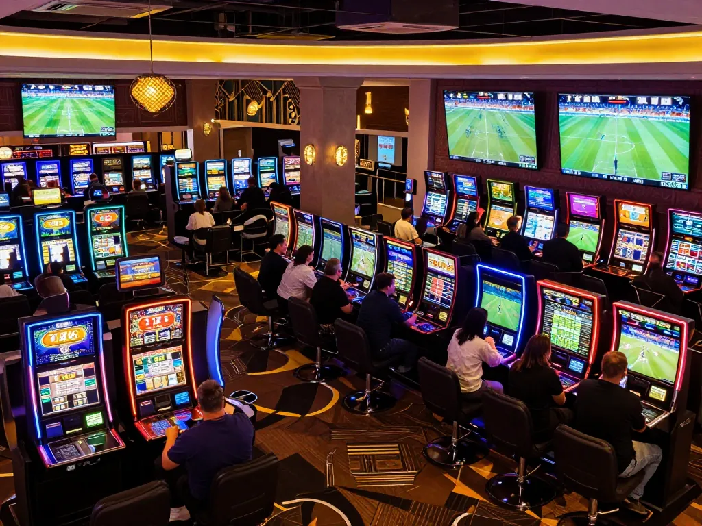 Tỷ lệ kèo nhà cái hôm nay displayed prominently on multiple screens in a bustling sports betting area.