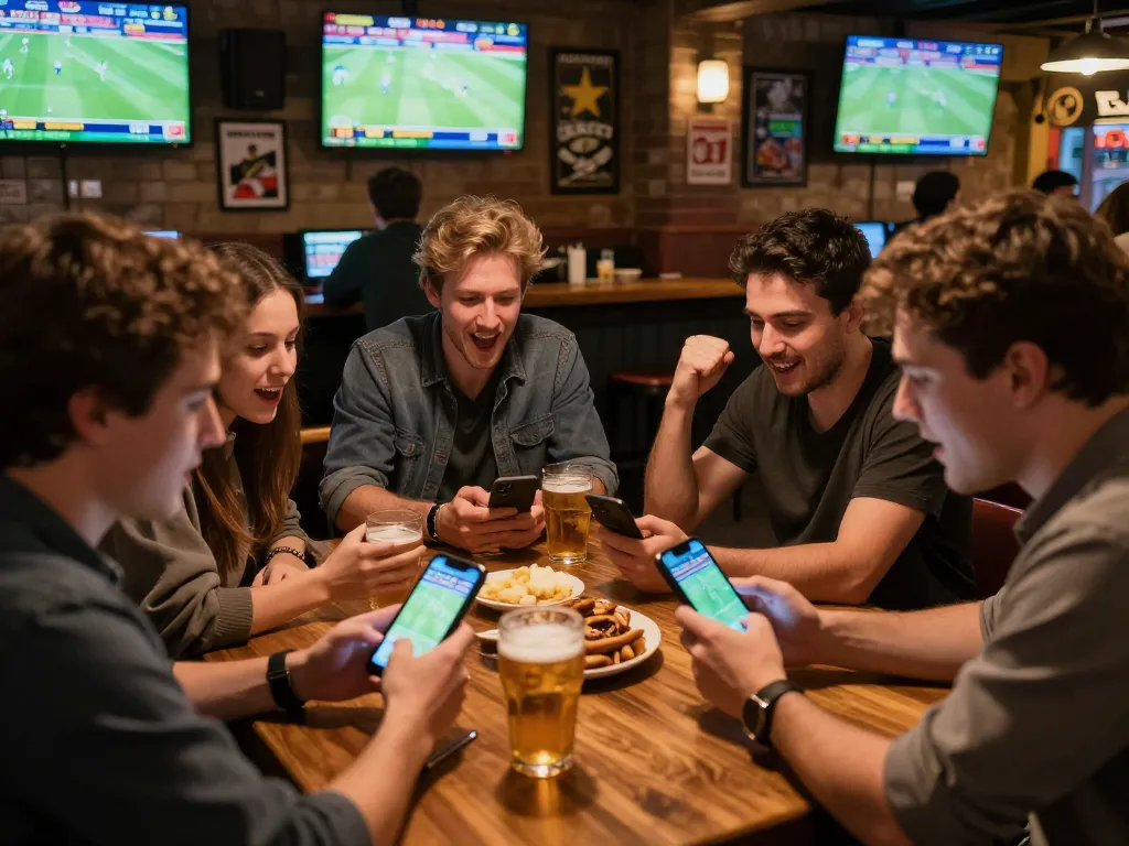 Betting on live sports with friends at a lively bar featuring 68win app usage