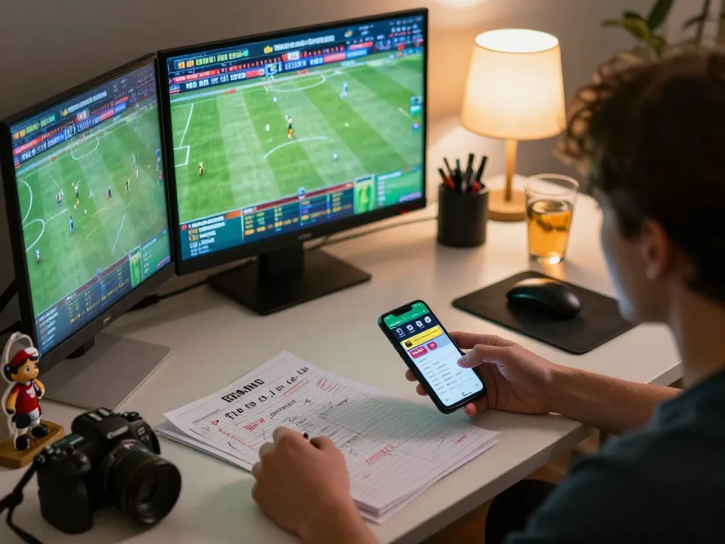 good88 sports betting atmosphere with a person analyzing games and placing bets using smartphone