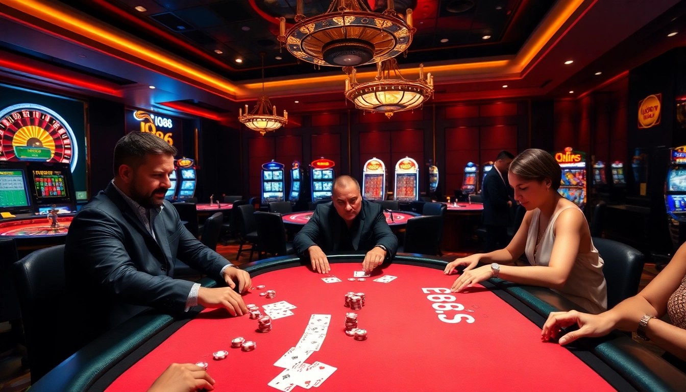 Engaged gamblers enjoying thrilling games at IQ88, featuring vibrant casino tables and neon lights.