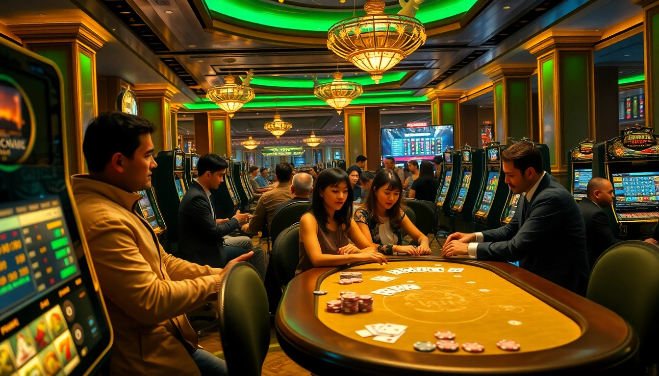 Iwin online gambling scene with players enjoying luxuriously designed casino tables and slot machines.