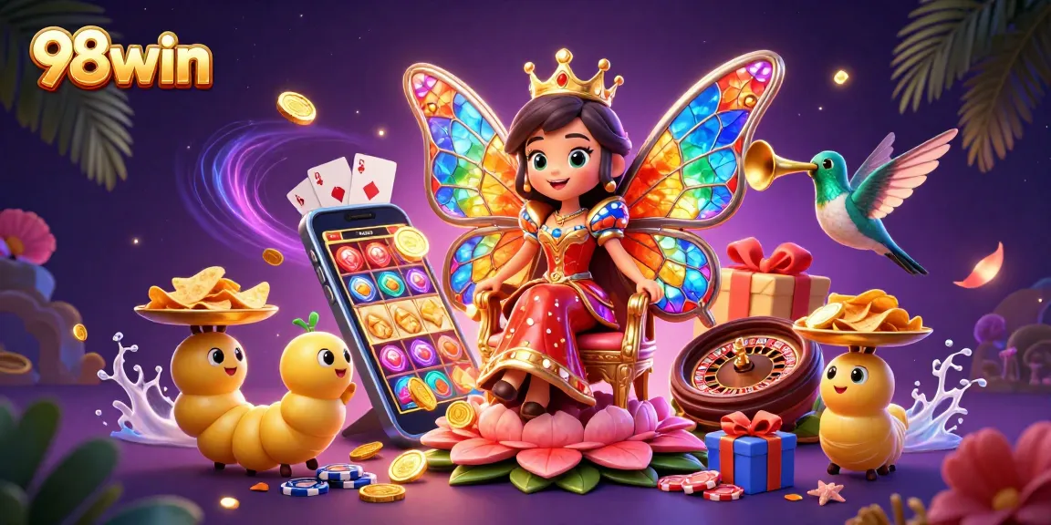 Spin the reels and win big with 98win in this vibrant casino scene featuring colorful characters and games.