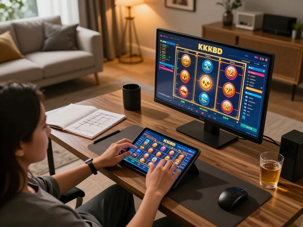 Players enjoying thrilling slots on KKBD Bangladesh's online platform with cozy home ambiance.