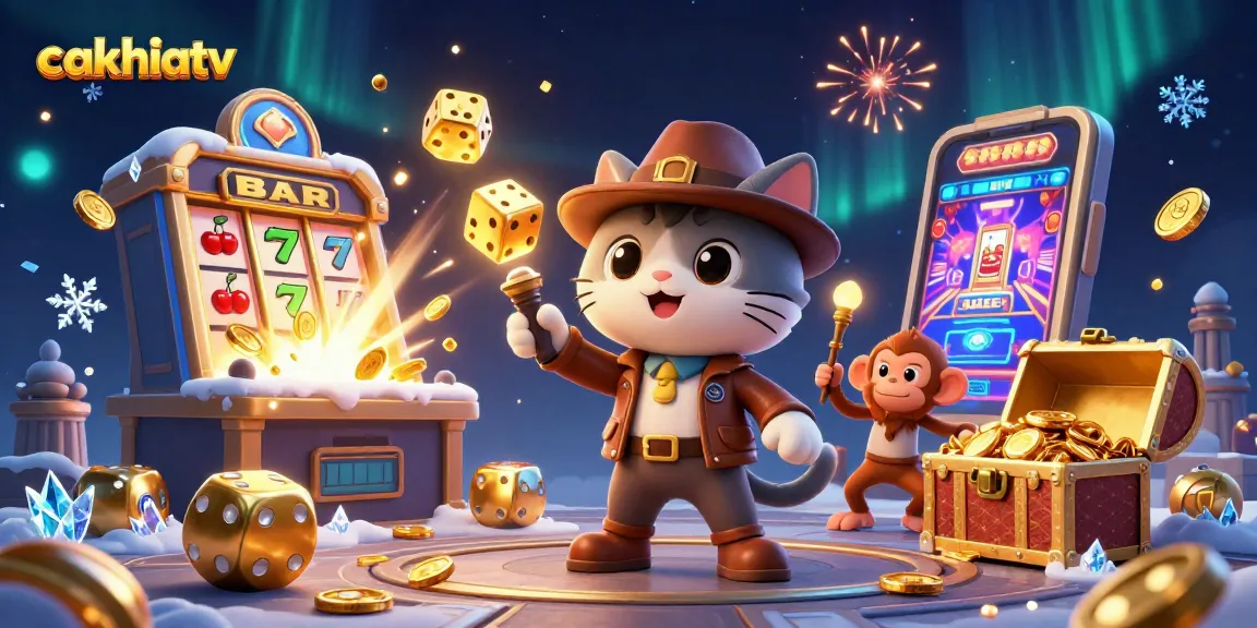 Cakhiatv showcases an adventurous cat archaeologist discovering golden casino artifacts amid thrilling gaming symbols.