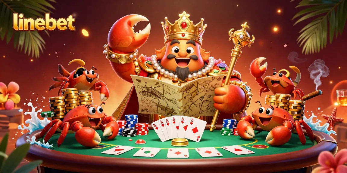 Experience linebet's thrilling gaming with a 3D cartoon crab emperor in a vibrant casino setting.