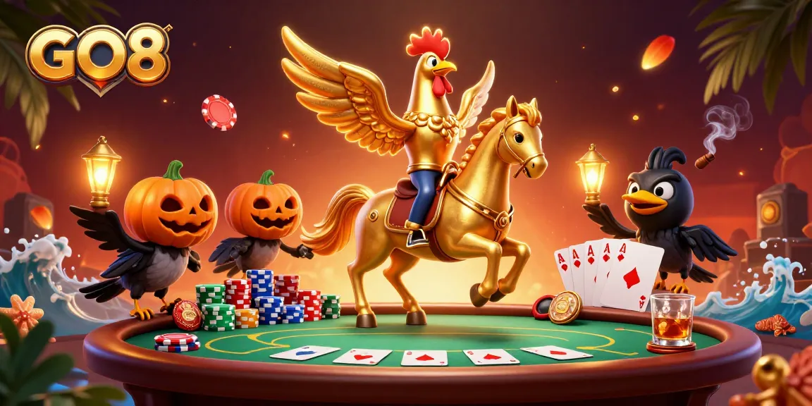 Experience explosive wins at GO8's vibrant casino, featuring a golden rooster amidst a thrilling poker game.