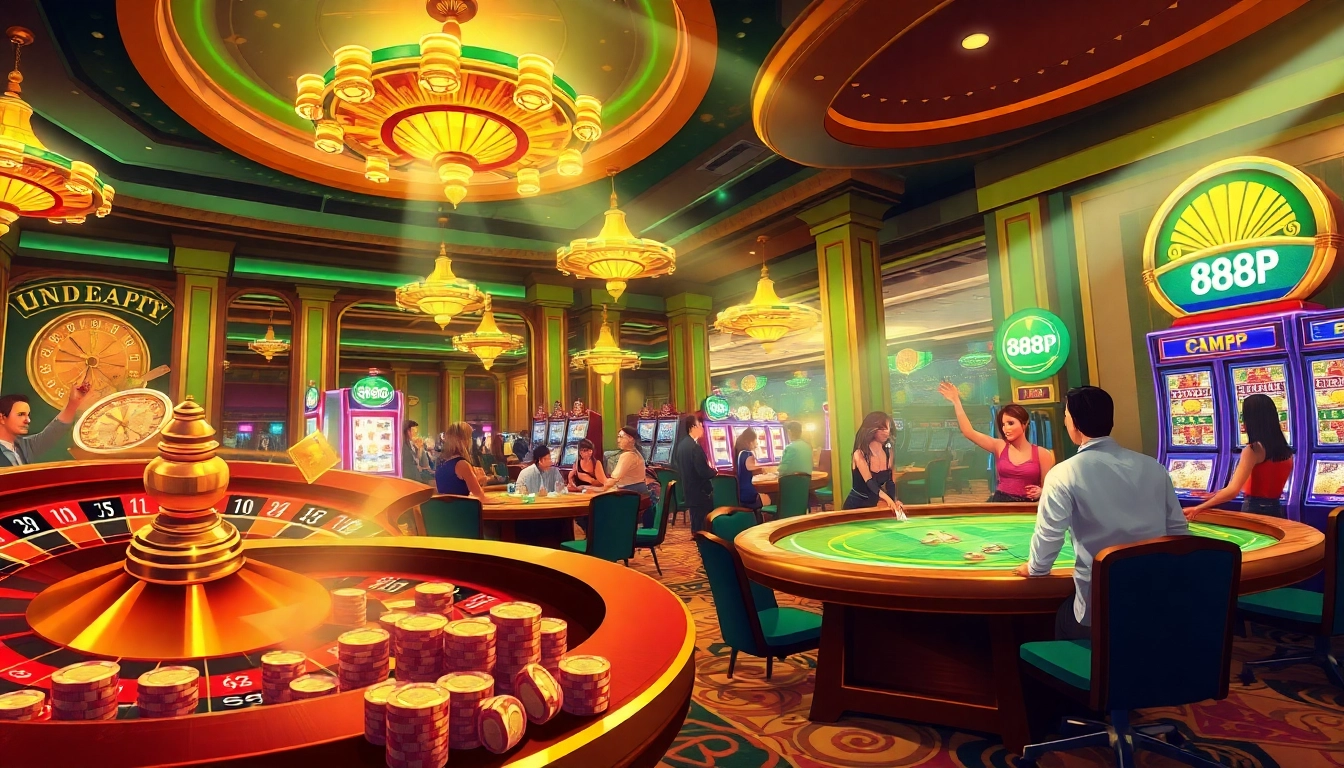 Experience thrilling gambling moments at 888P's luxurious casino featuring vibrant slot machines and engaging players.