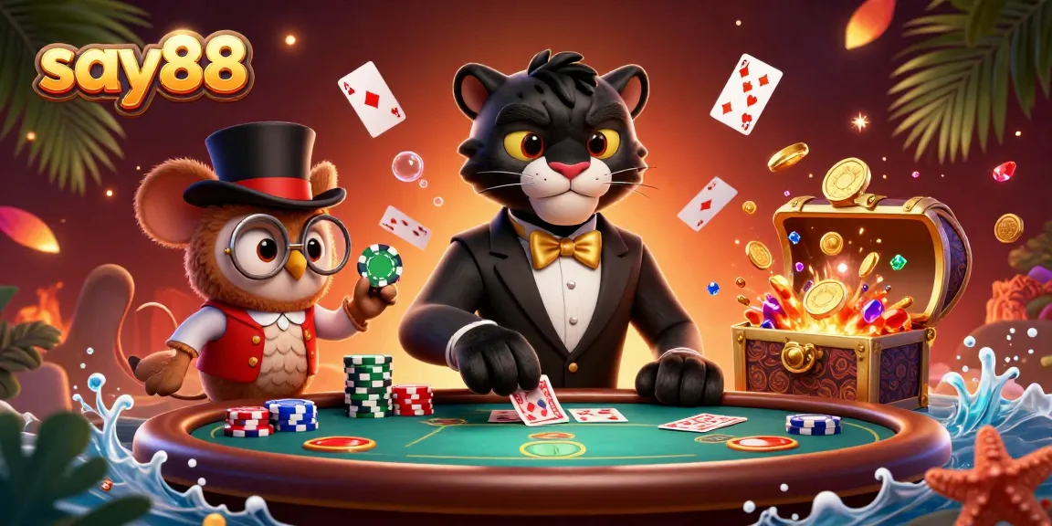 Engage with say88's vibrant casino world featuring a stylish panther dealer surrounded by poker elements.