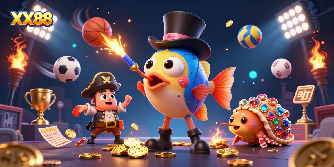 Engage in thrilling games at XX88 with a vibrant scene of cartoon characters enriching a casino atmosphere.