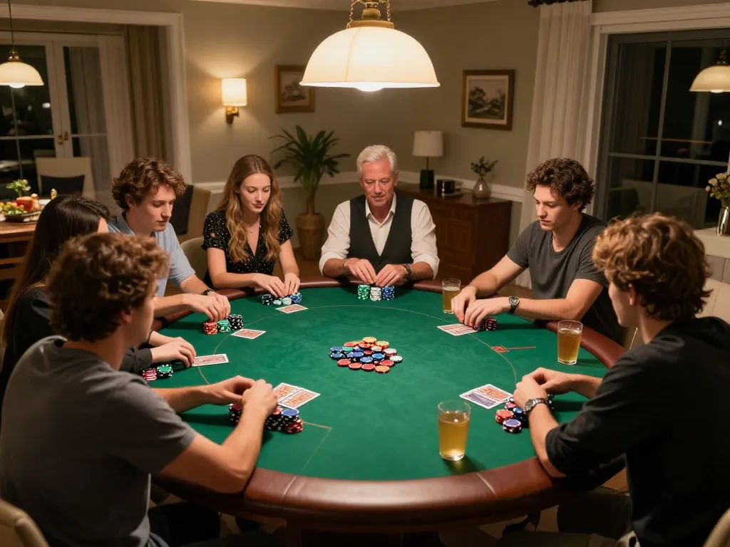 Gameplay at a home poker night with friends, showcasing strategies and camaraderie in a relaxed setting while playing fly88.