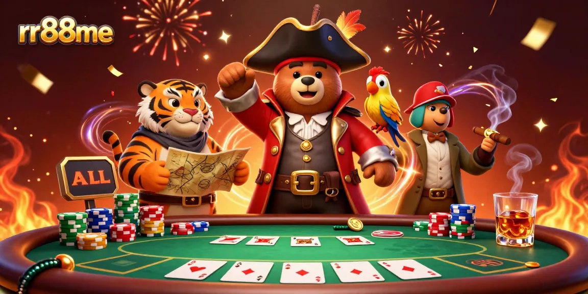 Experience thrilling gameplay at rr88me with vibrant gambling characters and poker elements in a dynamic casino scene.