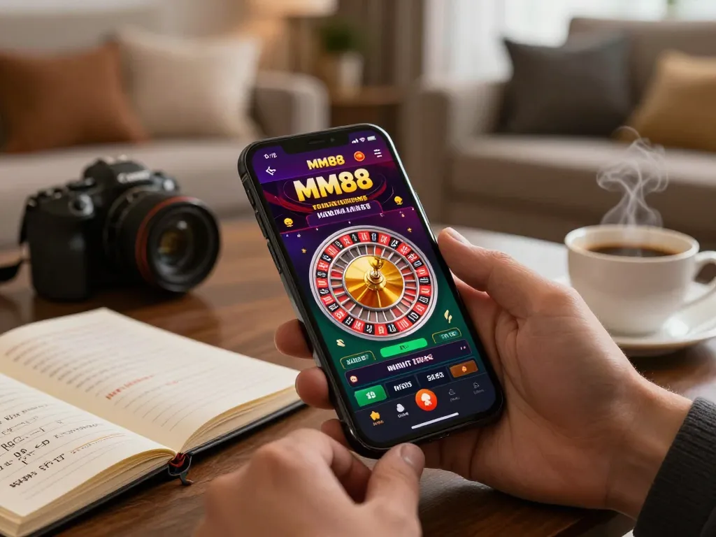 Engaging with the MM88 casino app on a smartphone showcasing a roulette game, in a cozy, modern setting.