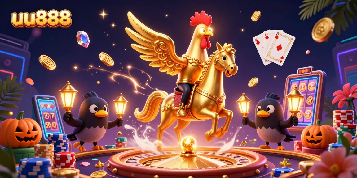 Spin to win at uu888 with dynamic casino illustrations of golden rooster and dazzling gaming elements.