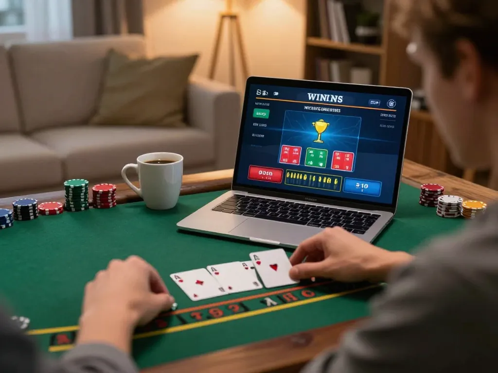 FLY888X player celebrating a win while enjoying live dealer blackjack in a cozy home setting