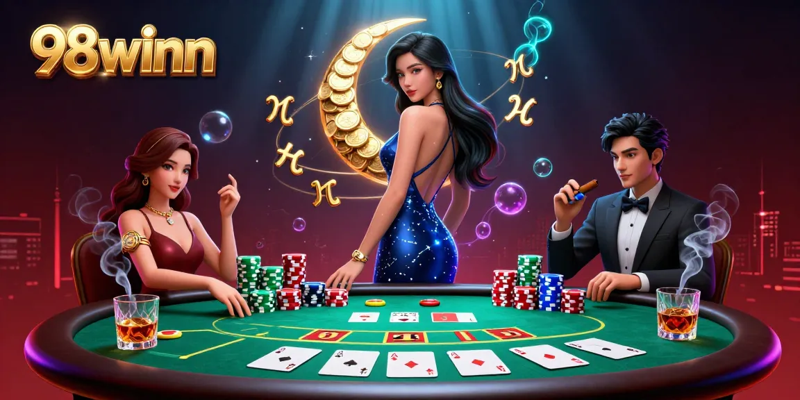 Engage in bold gaming action with 98winn, featuring a glamorous poker scene full of excitement.
