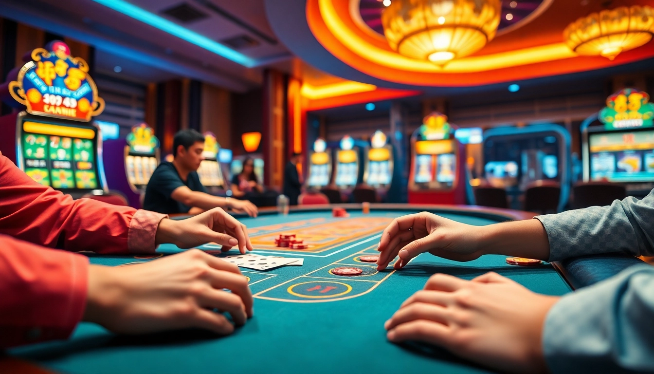 Tài Xỉu MD5 players placing bets at a glamorous casino table, surrounded by vibrant slot machines.