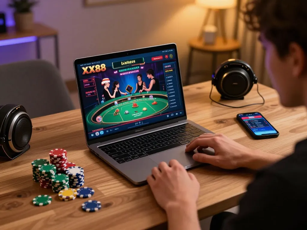 Engage with live dealer games at https://xx88.promo/ using a laptop in a cozy gaming setup.