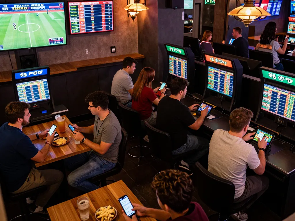 Sky88 bettors analyzing live sports odds in an energetic lounge atmosphere, immersed in the excitement of in-play betting.