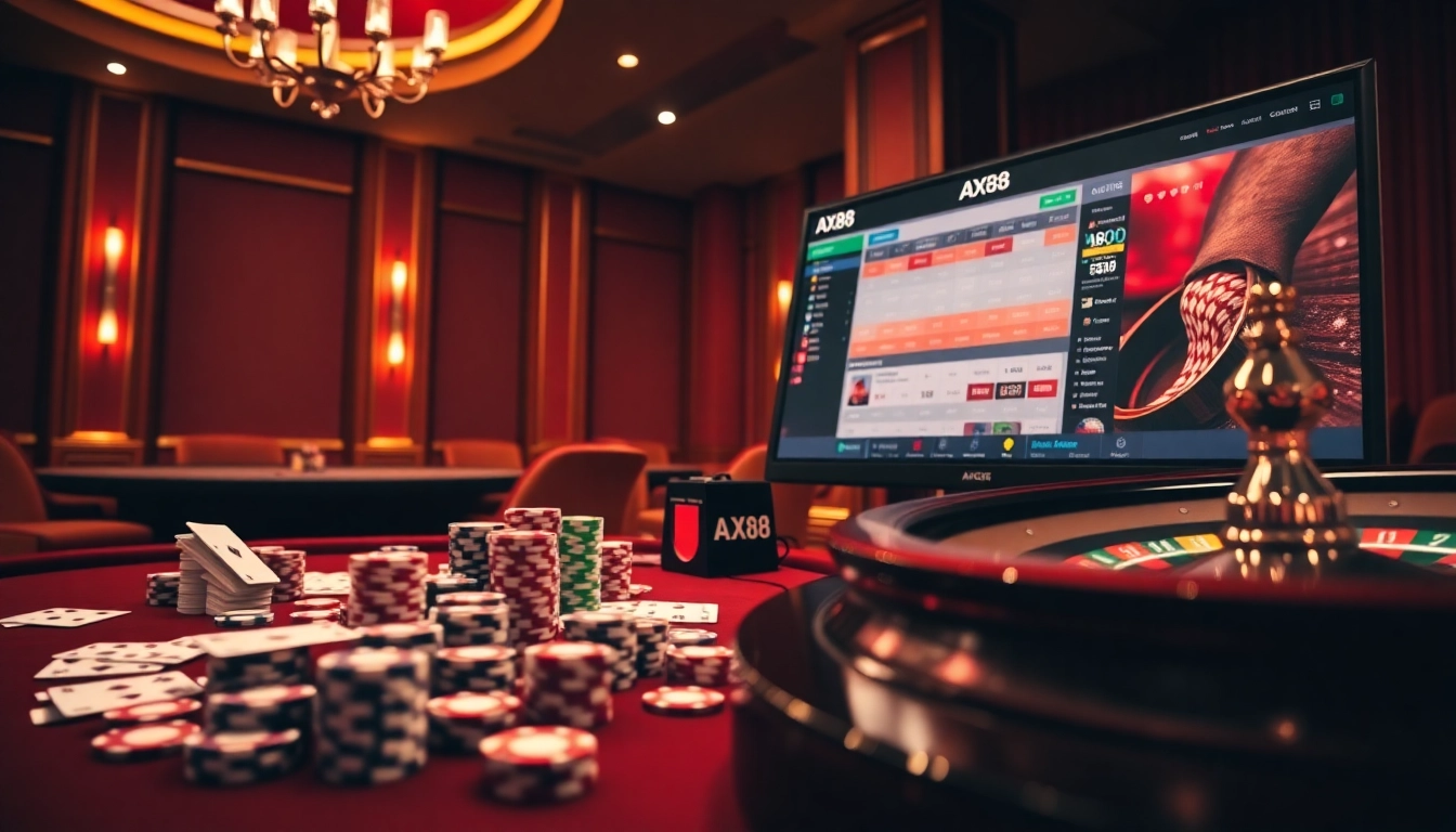 Engaging game action on the AX88 platform with vibrant poker chips and live betting odds.