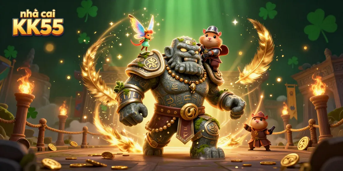 Feel the excitement at nhà cái KK55 with a 3D adventure showcasing magic and guardians in an online casino setting.