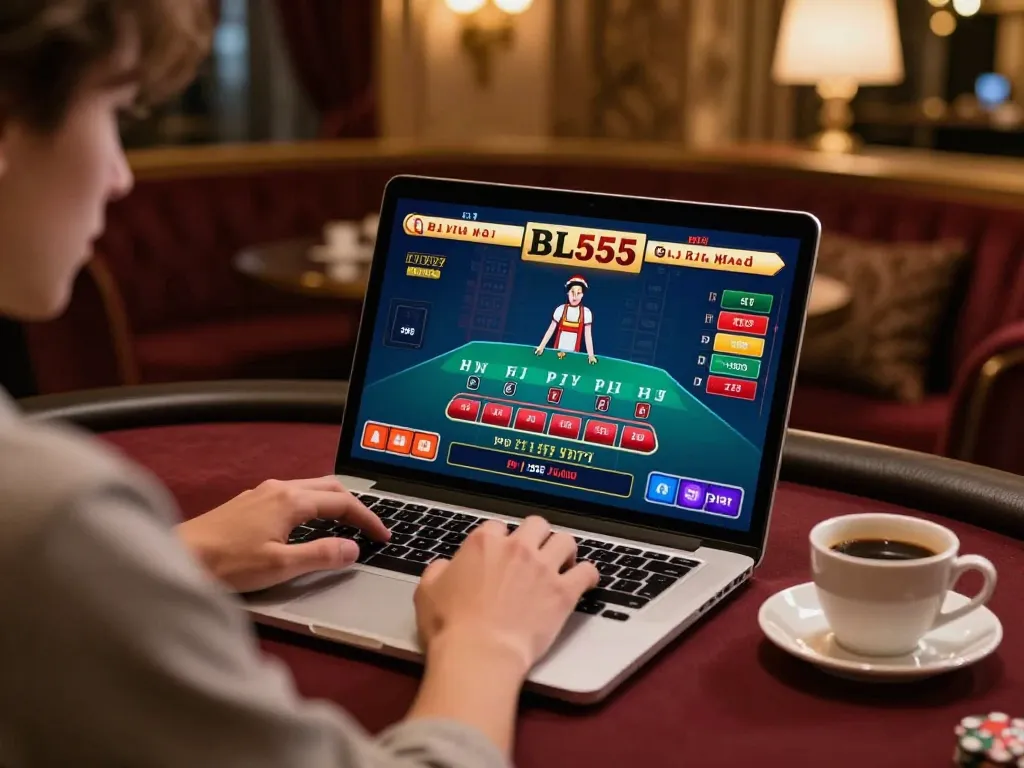 Player engaging in live dealer blackjack on BL555's online platform with strategic focus.
