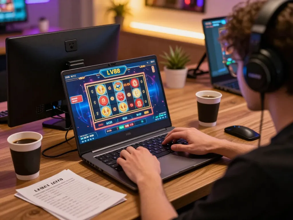 Player engaging with LV88 casino interface on laptop, showcasing online gambling excitement.