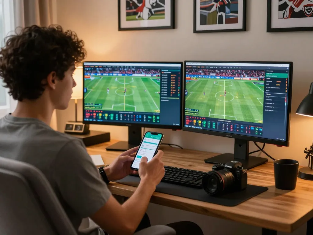 Placing bets on F8BET platform during live sports events from a home desk.