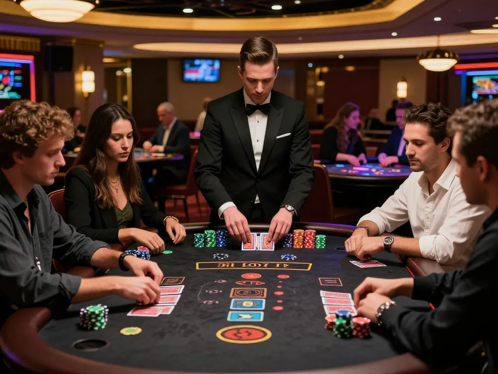 Players at a blackjack table strategizing for success with gk88 gaming chips in upscale casino