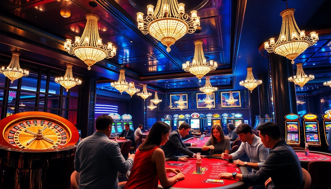 Players enjoying an exciting casino atmosphere at MB66 with roulette wheel and poker tables.