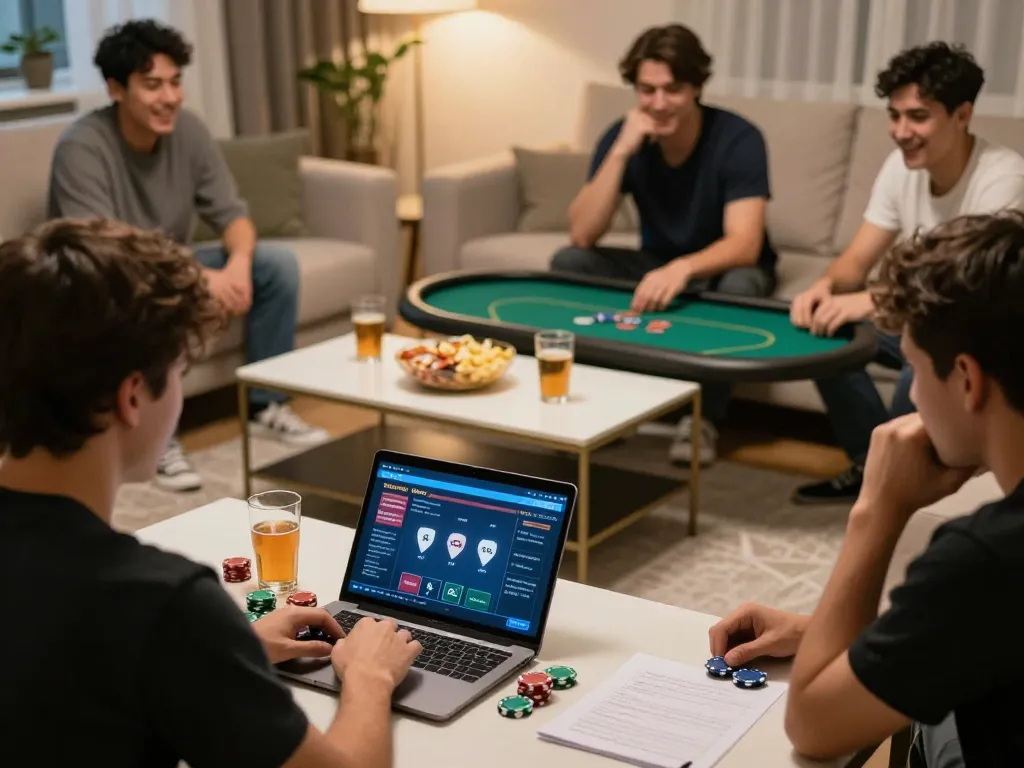 Players enjoying an online poker game on go99com with snacks and strategy notes in a cozy living room.