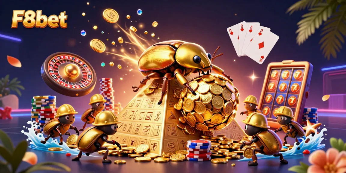Join the golden adventure with F8bet as beetles navigate a treasure pyramid filled with coins.