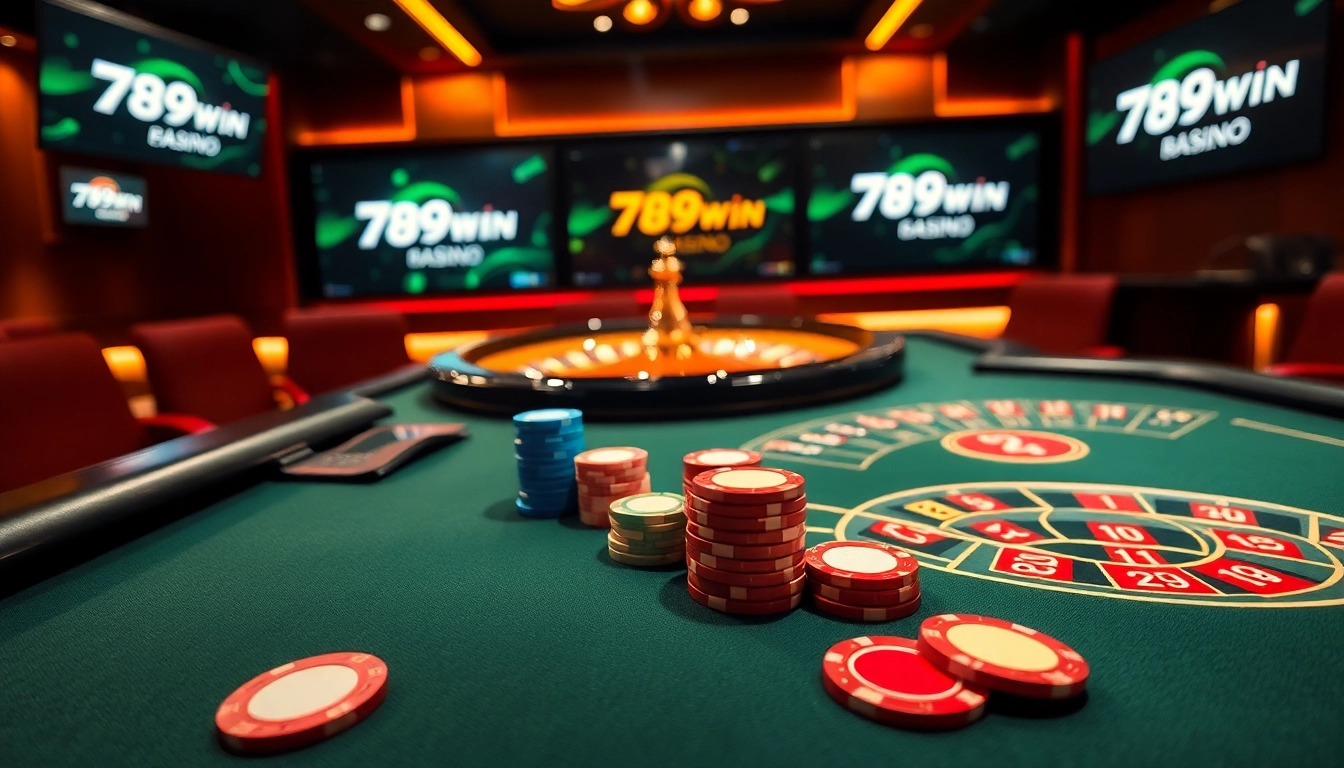 Experience the thrill of 789win đăng nhập at an upscale online gaming table featuring poker chips and a roulette wheel.
