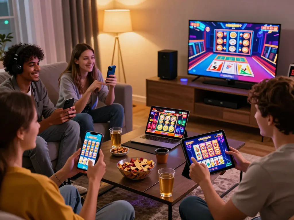 Exciting scene of friends engaging with tải b52 club on mobile devices, showcasing vibrant gaming atmosphere.