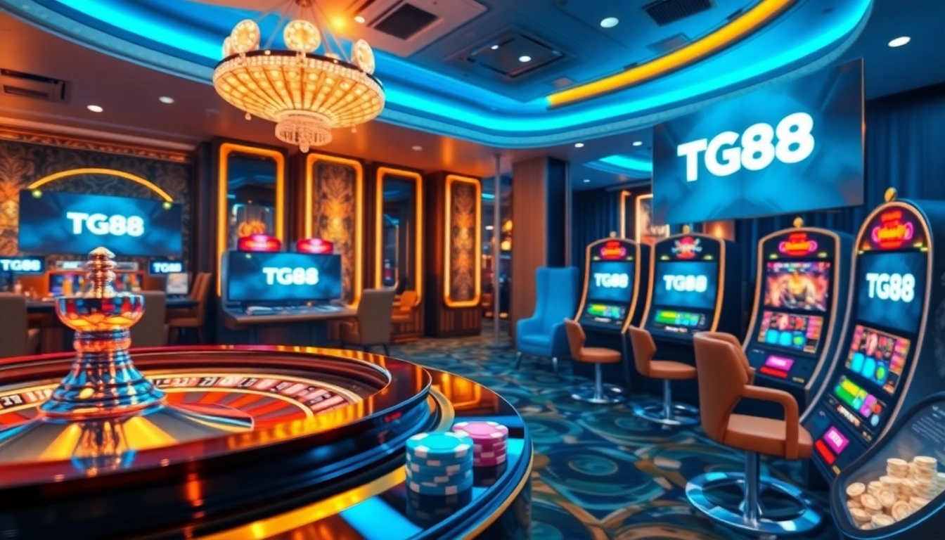 TG88 online gambling scene with vibrant slot machines and poker elements