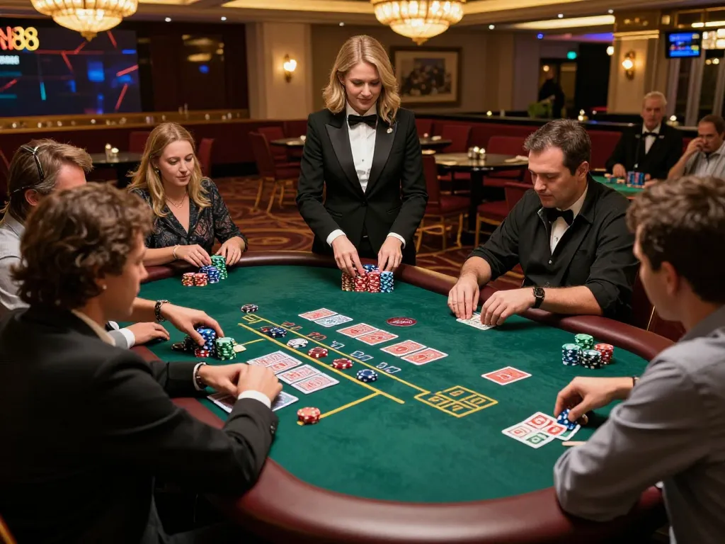 Players strategizing over blackjack at sin88 casino, dynamic gameplay scene with vibrant colors and luxurious atmosphere