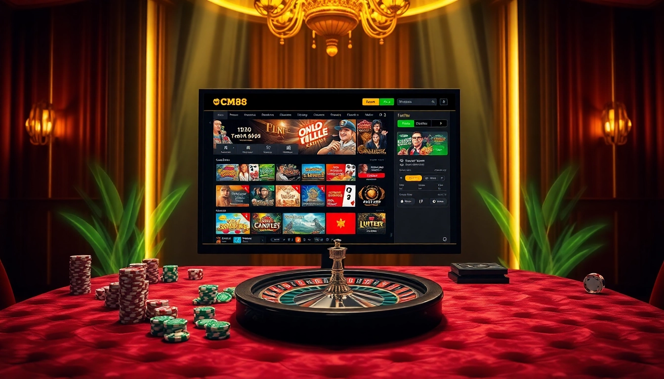 Engage with CM88's online casino features, showcasing vibrant gaming visuals and luxury gaming props.