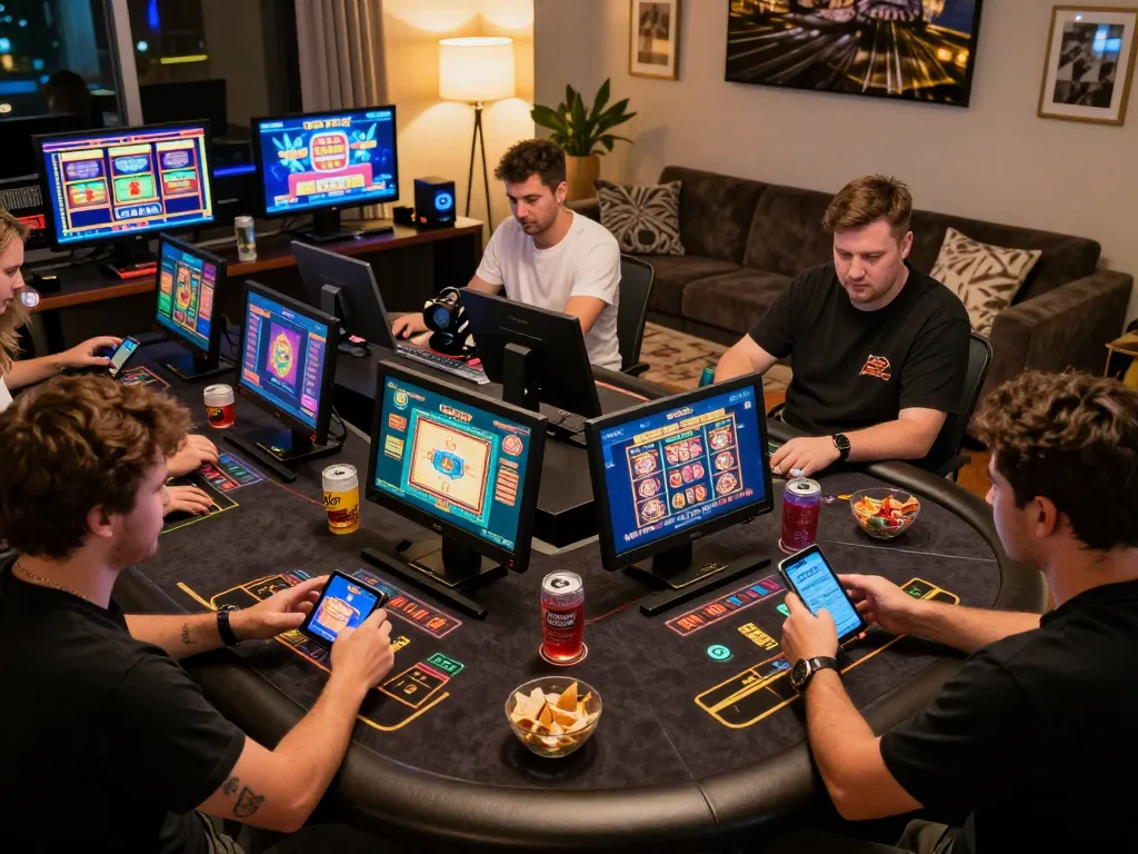 Players enjoying games with iwin club app in a cozy home environment, capturing online casino excitement.