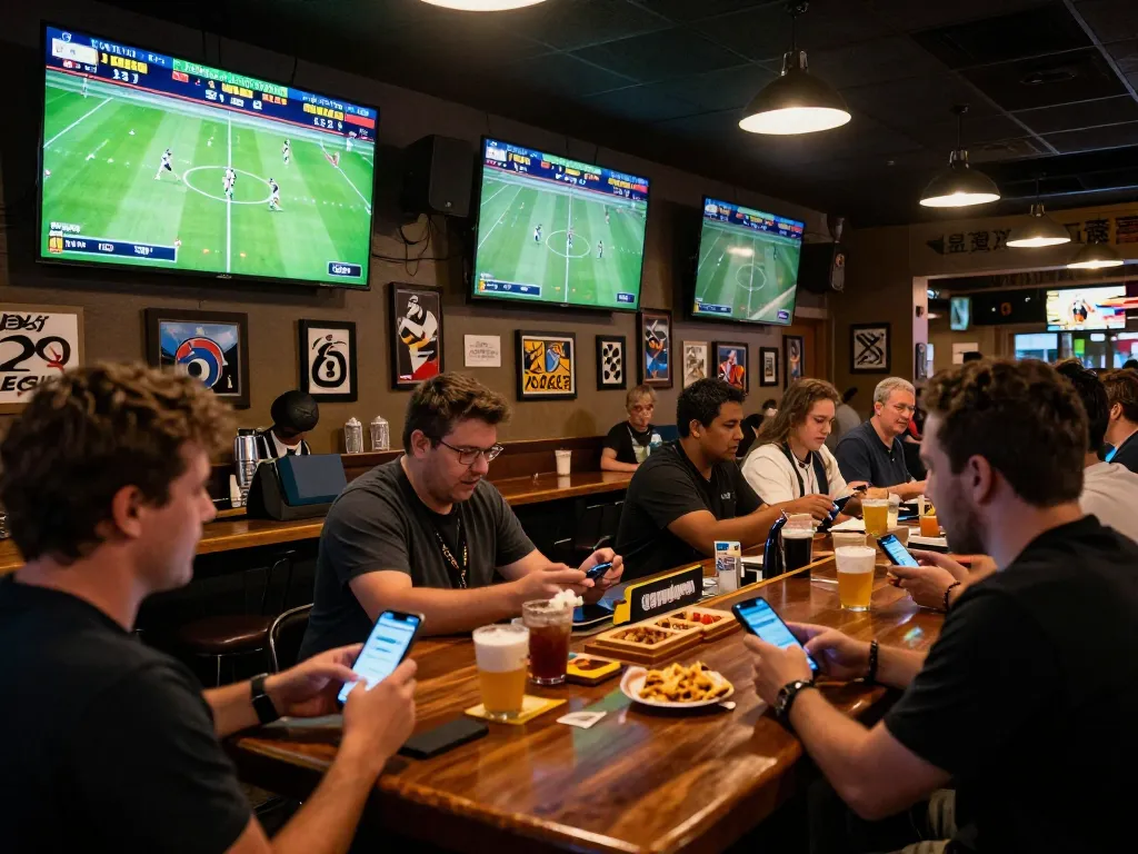 Sports fans checking kết quả bóng đá in an energetic sports bar atmosphere filled with excitement