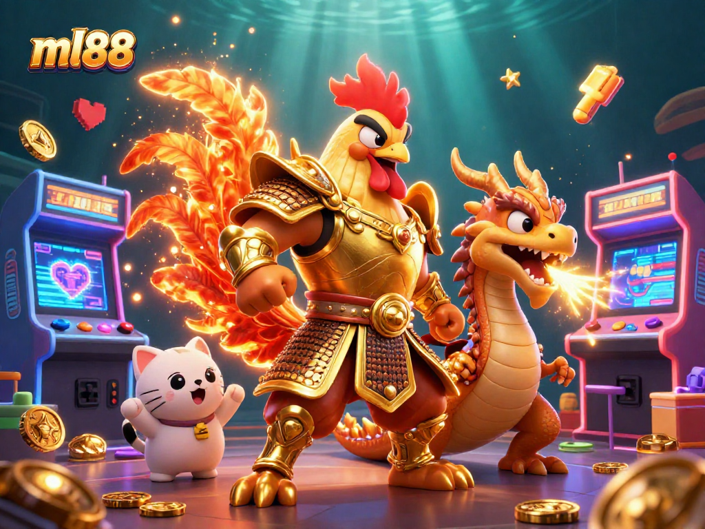 Experience thrilling gameplay at ml88 with a warrior rooster and dragon in an exciting casino scene.