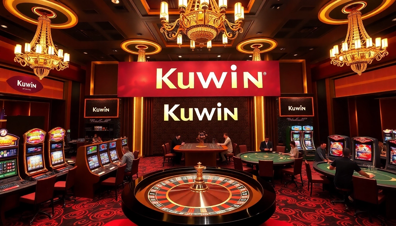 Kuwin casino setting showcasing an elegant roulette wheel, vibrant slot machines, and engaged poker players.