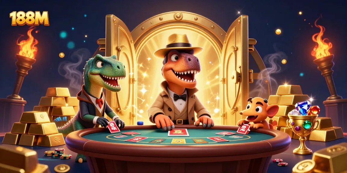 Experience thrilling gaming at 188M with a clever velociraptor at a blackjack table.