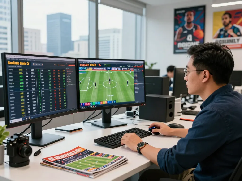 Expert analyzing kèo nhà cái odds with multiple monitors in a vibrant office.