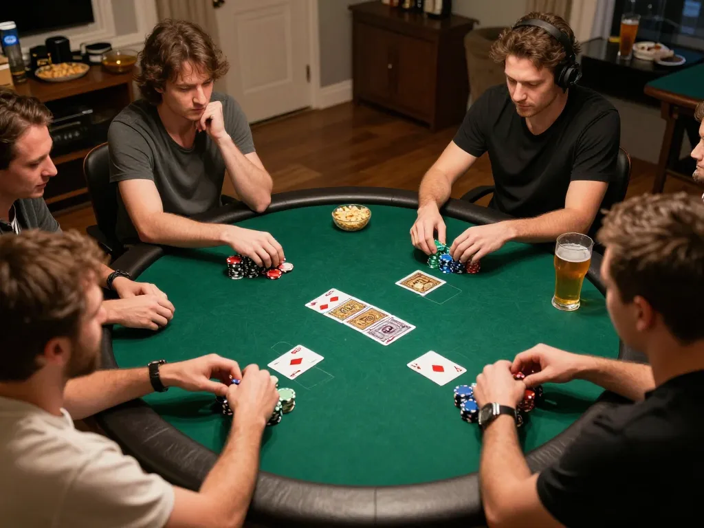 Players engaging in a friendly poker game at home with chips and community cards laid out, highlighting the excitement of https://tx88at.com/ gambling.