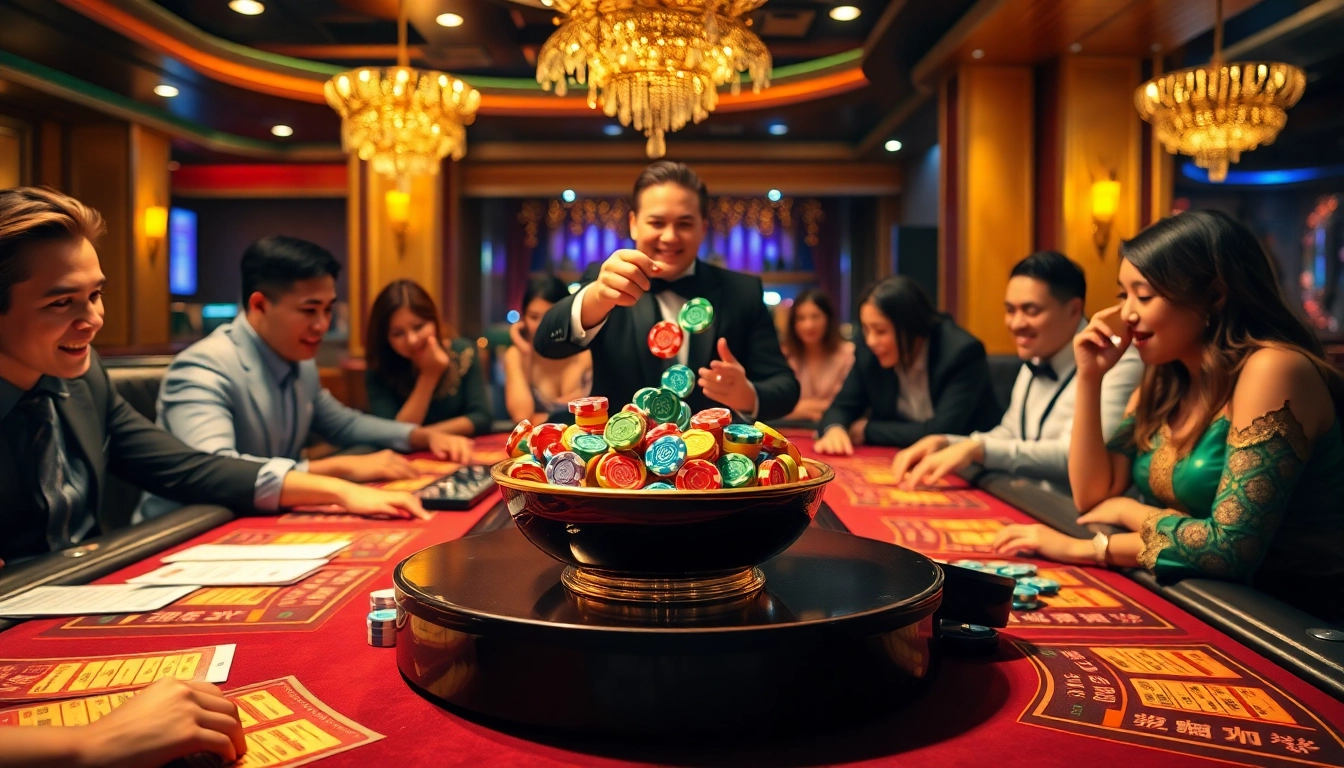 Xóc đĩa game in a lively casino, reflecting thông tin cá nhân khi chơi xóc đĩa with excitement.