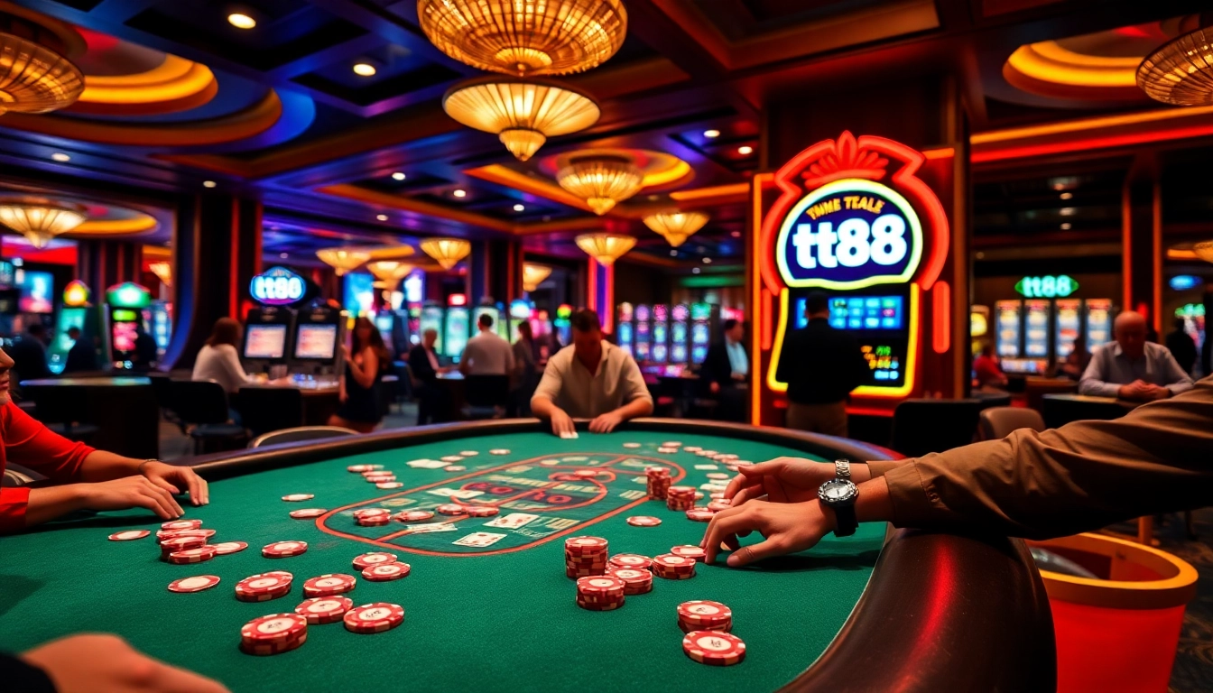 Players enjoying a thrilling game of blackjack at tt88 casino with vibrant lighting and elegant decor.