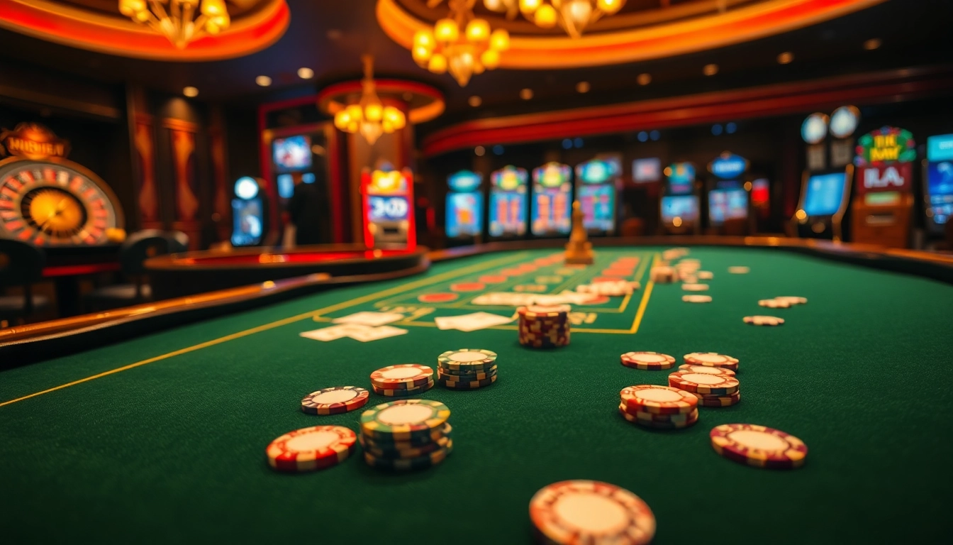 Engaging casino scene with KJC MM88 branding featuring gaming tables, chips, and slot machines.