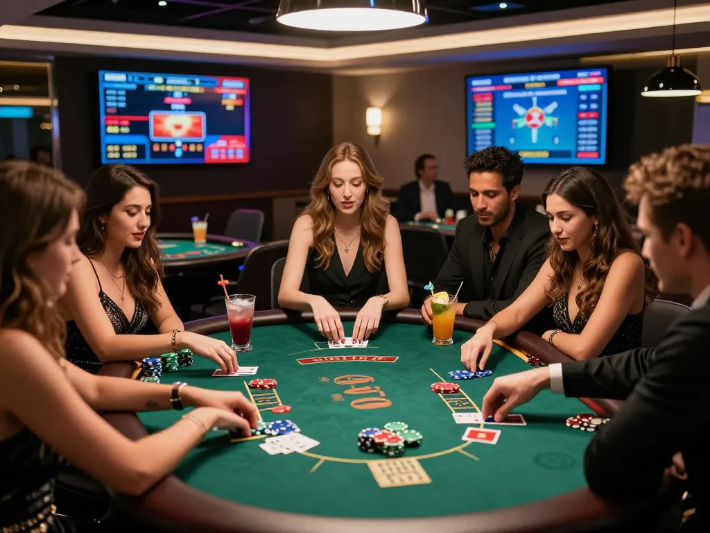 Group of friends enjoying a thrilling game of blackjack at sc88 casino with vibrant atmosphere