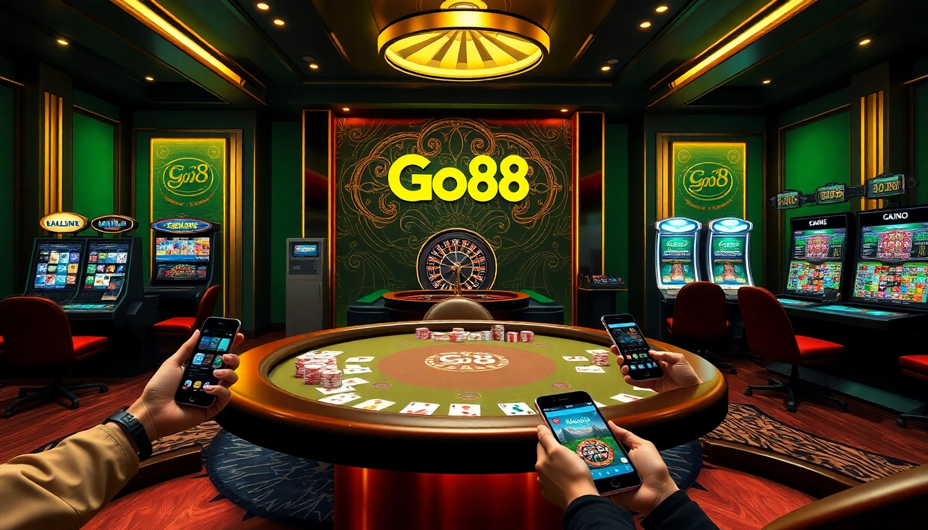 Exciting Go88 online casino scene with poker table, roulette wheel, and vibrant slot machines.