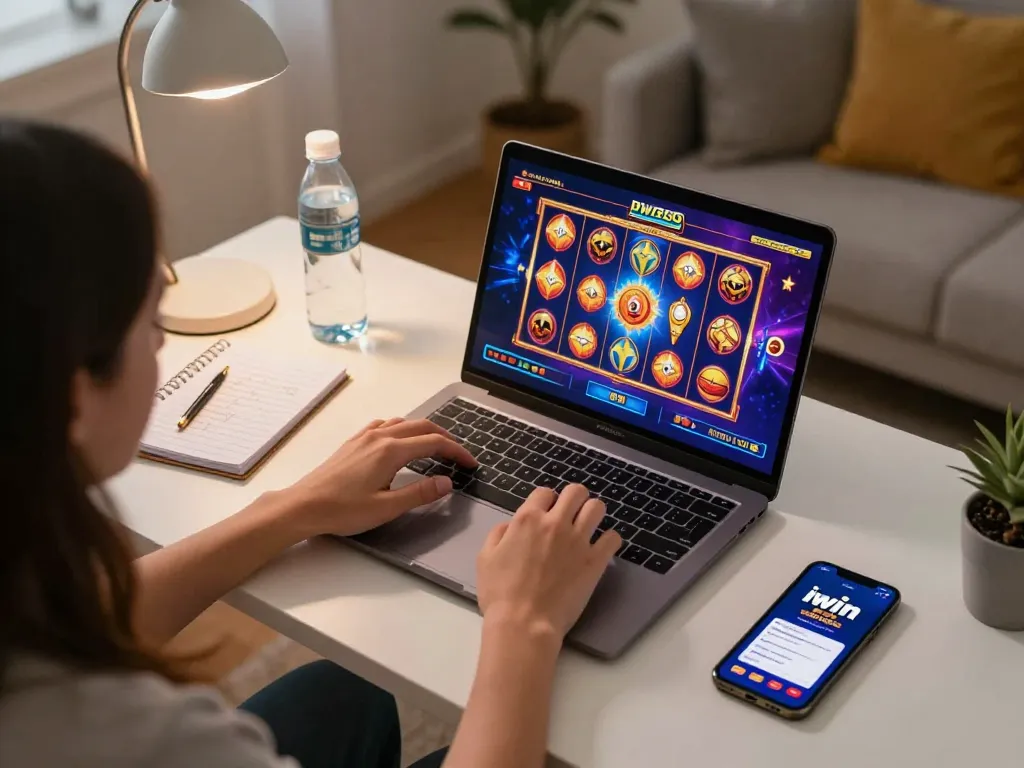 Player enjoys iwin video slots on a laptop in a cozy home environment with gaming strategy notes